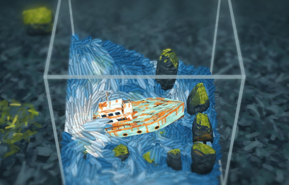 The rusting fishing boat lying bow-up in the tank among mossy slate boulders, with painted water piled up around its stern